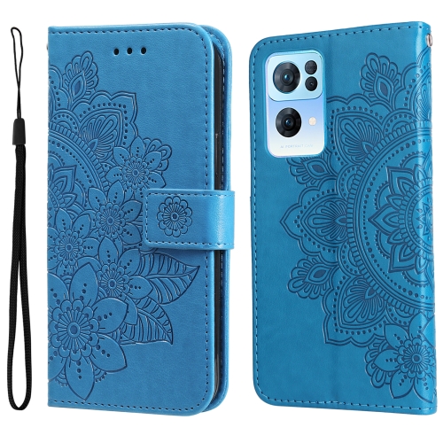 

For OPPO Reno7 Pro 5G 7-petal Flowers Embossed Flip Leather Phone Case(Blue)