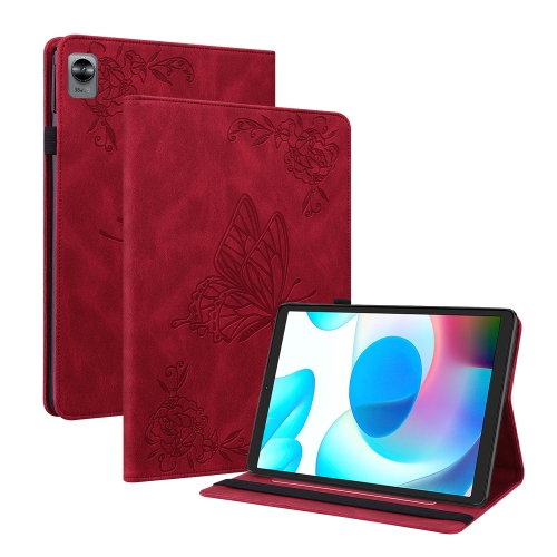 

For Realme Pad Mini Butterfly Flower Embossed Leather Tablet Case(Red)