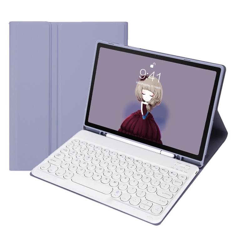 

YA08B Candy Color Skin Feel Texture Round Keycap Bluetooth Keyboard Leather Case For Samsung Galaxy Tab A8 10.5 2021 SM-X200 / SM-X205(Purple)