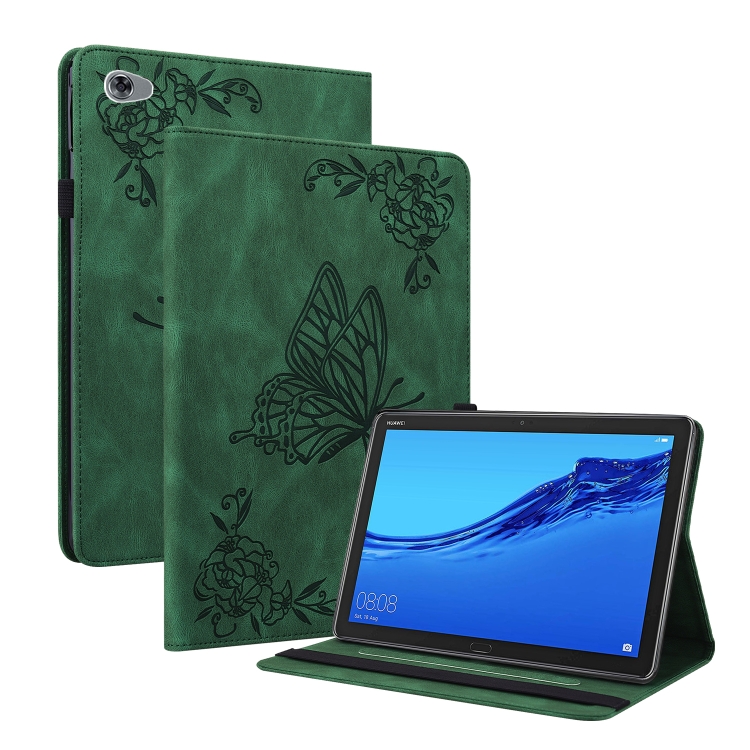 

For Huawei MediaPad M5 Lite Butterfly Flower Embossed Leather Tablet Case(Green)