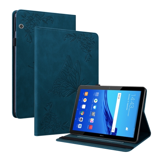 

For Huawei MediaPad T5 Butterfly Flower Embossed Leather Tablet Case(Blue)