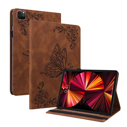 

For iPad Pro 11 2021 / 2020 / 2018 / Air 2020 10.9 Butterfly Flower Embossed Leather Tablet Case(Brown)