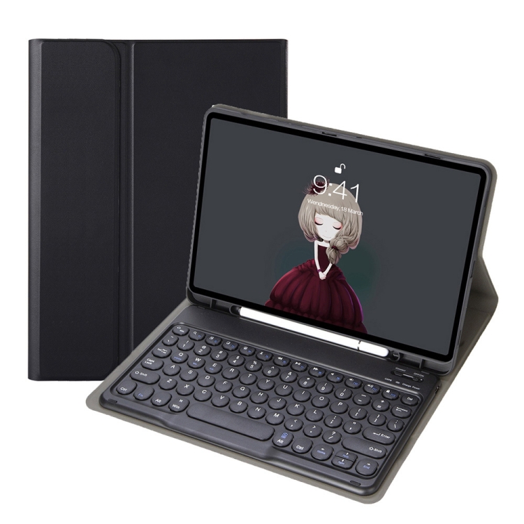 

YA08B Lambskin Texture Voltage Round Keycap Bluetooth Keyboard Leather Case For Samsung Galaxy Tab A8 10.5 2021 SM-X200 / SM-X205(Black)