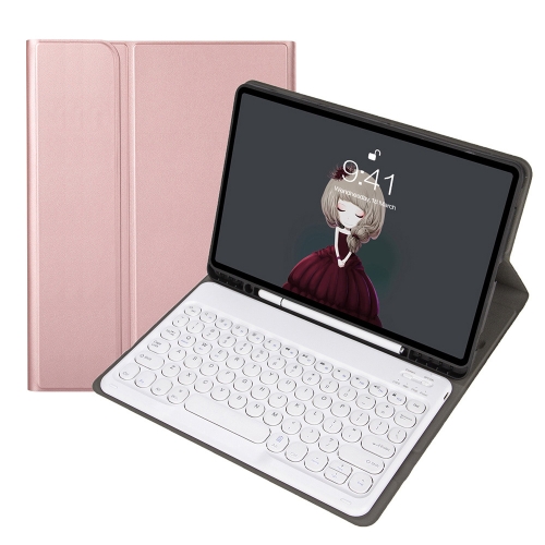 

YA08B Lambskin Texture Voltage Round Keycap Bluetooth Keyboard Leather Case For Samsung Galaxy Tab A8 10.5 2021 SM-X200 / SM-X205(Rose Gold)