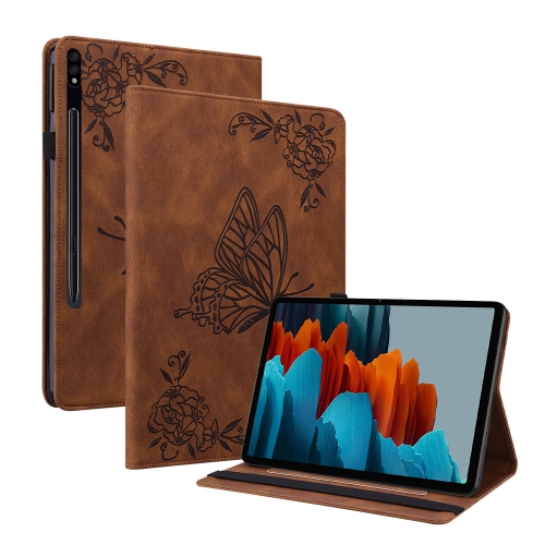 

For Samsung Galaxy Tab S7 11 inch T870/SM-T875 Butterfly Flower Embossed Leather Tablet Case(Brown)