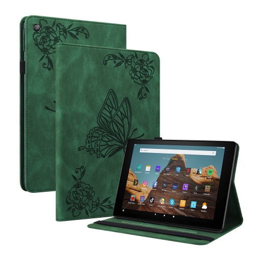 

For Amazon Kindle Fire HD 10 2019 / 2017 Butterfly Flower Embossed Leather Tablet Case(Green)