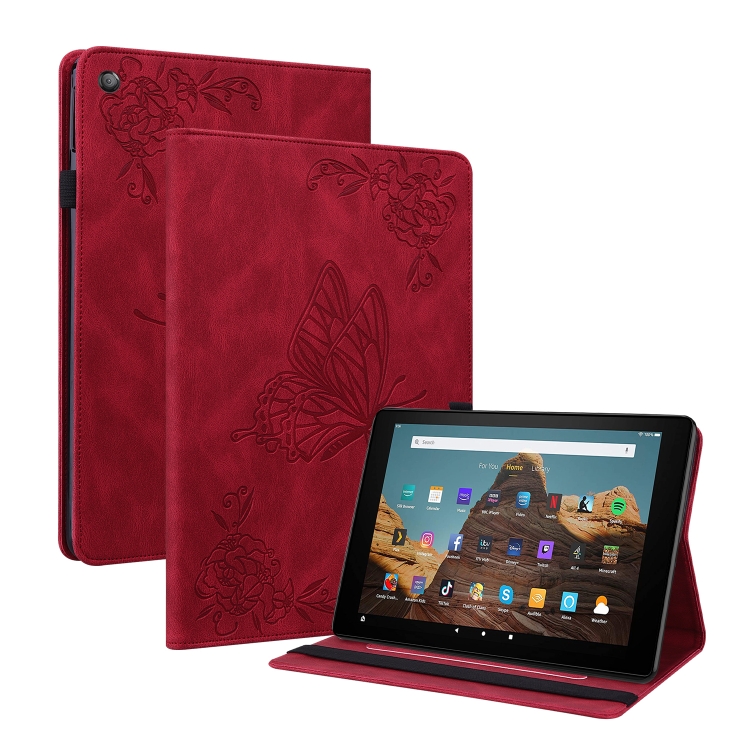 

For Amazon Kindle Fire HD 10 2019 / 2017 Butterfly Flower Embossed Leather Tablet Case(Red)