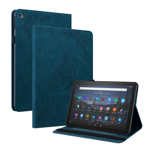 

For Amazon Kindle Fire HD 8 2018/2017/2016/2015 Butterfly Flower Embossed Leather Tablet Case(Blue)