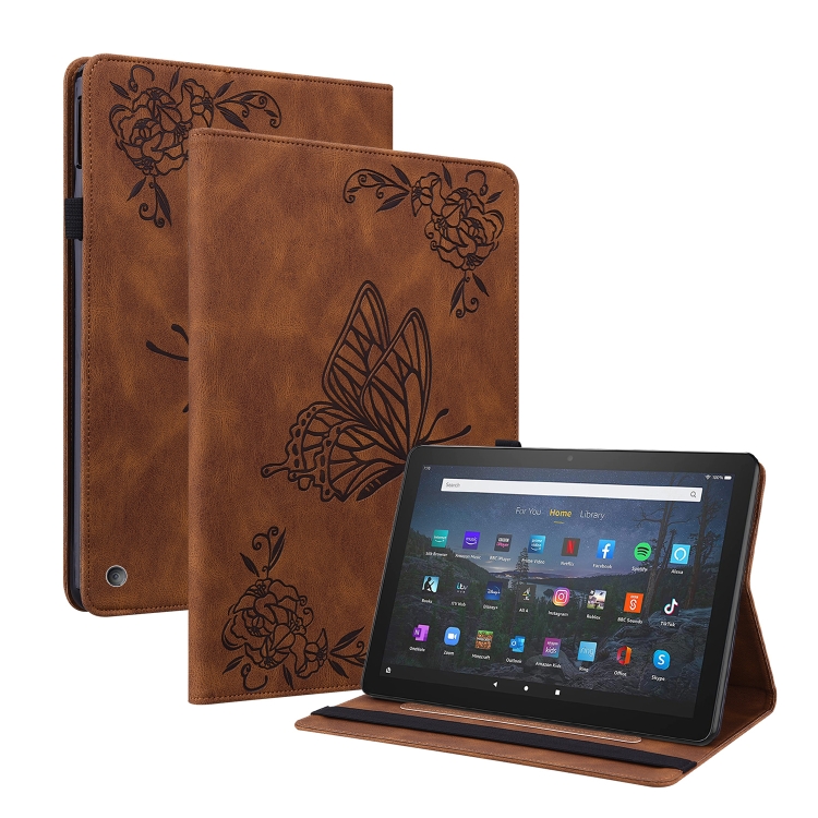 

For Amazon Kindle Fire HD 10 2021 / 10 Plus 2021 Butterfly Flower Embossed Leather Tablet Case(Brown)