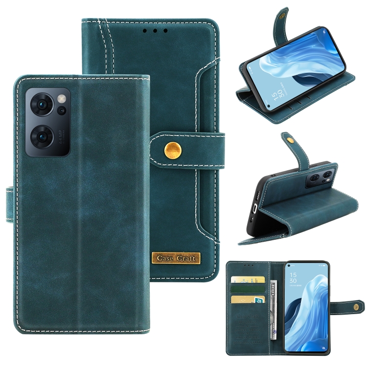 

For OPPO Reno7 Copper Buckle Leather Phone Case(Green)