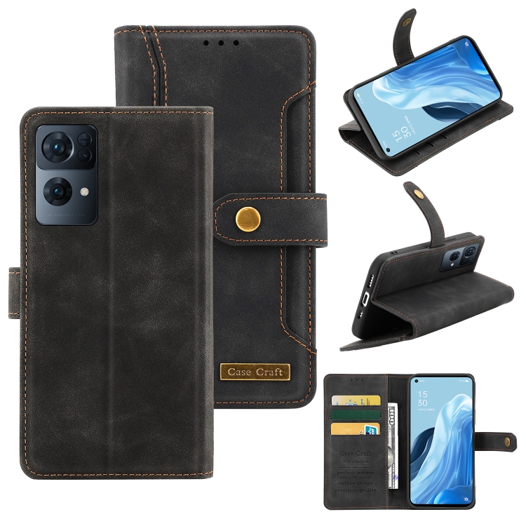 

For OPPO Reno7 Pro 5G Copper Buckle Leather Phone Case(Black)