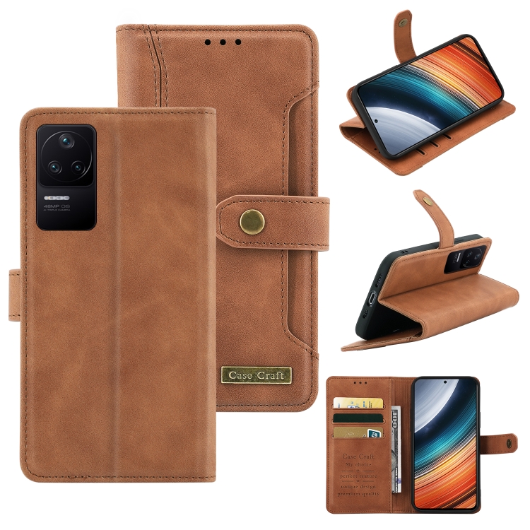 

For Xiaomi Redmi K50 Copper Buckle Leather Phone Case(Brown)