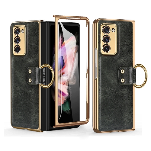 

For Samsung Galaxy Z Fold2 5G Leather Texture PC Ring Holder Phone Case(Green)