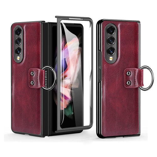 

For Samsung Galaxy Z Fold3 5G Leather Texture PC Ring Holder Phone Case(Red)