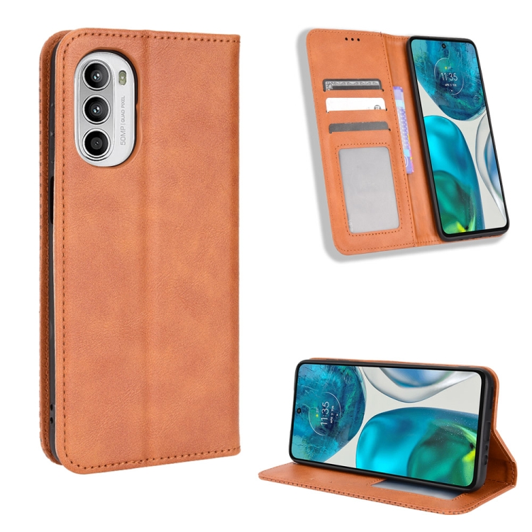 

For Motorola Moto G52 4G Magnetic Buckle Retro Texture Leather Phone Case(Brown)