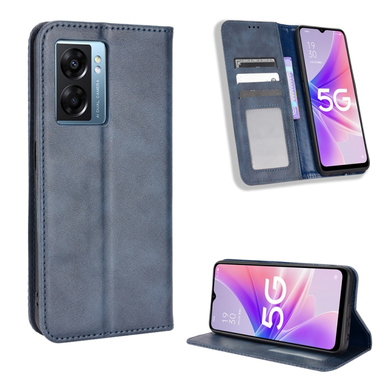 

For OPPO A57 5G Magnetic Buckle Retro Texture Leather Phone Case(Blue)