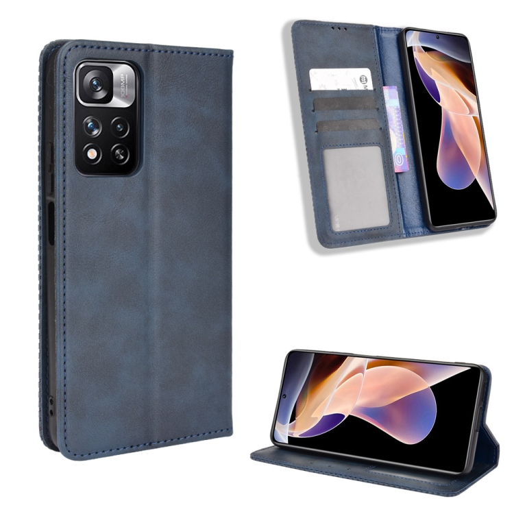 

For Xiaomi Poco X4 NFC/Redmi Note 11 Pro China Magnetic Buckle Retro Texture Leather Phone Case(Blue)
