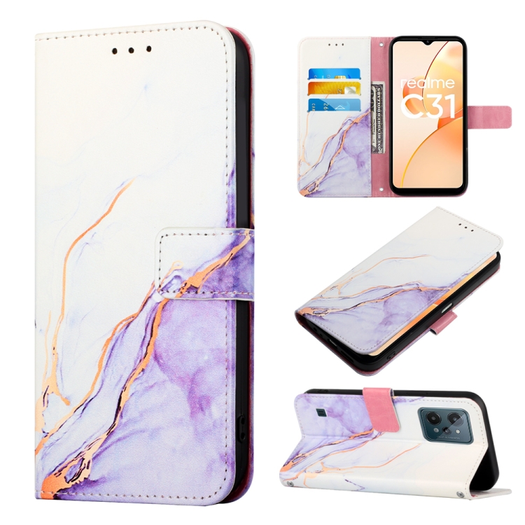 

For OPPO Realme C31 4G PT003 Marble Pattern Flip Leather Phone Case(White Purple LS006)