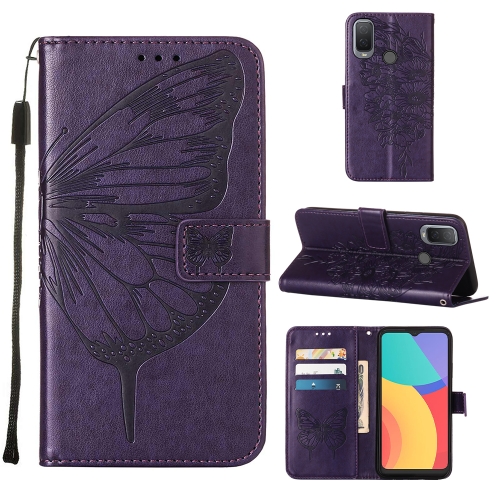 

For Alcatel 1L 2021 Embossed Butterfly Leather Phone Case(Dark Purple)