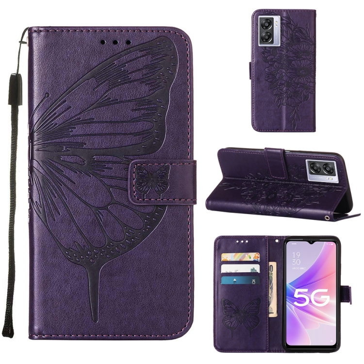 

For OPPO A57 5G 2022 Embossed Butterfly Leather Phone Case(Dark Purple)