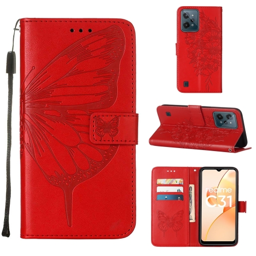 

For OPPO Realme C31 4G Embossed Butterfly Leather Phone Case(Red)