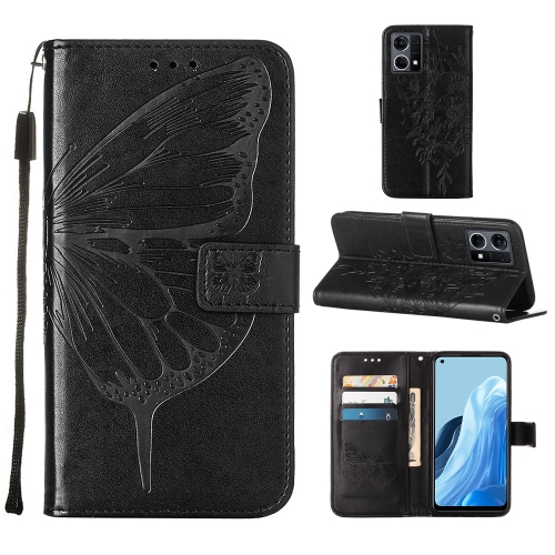 

For OPPO Reno7 4G/F21 Pro Embossed Butterfly Leather Phone Case(Black)