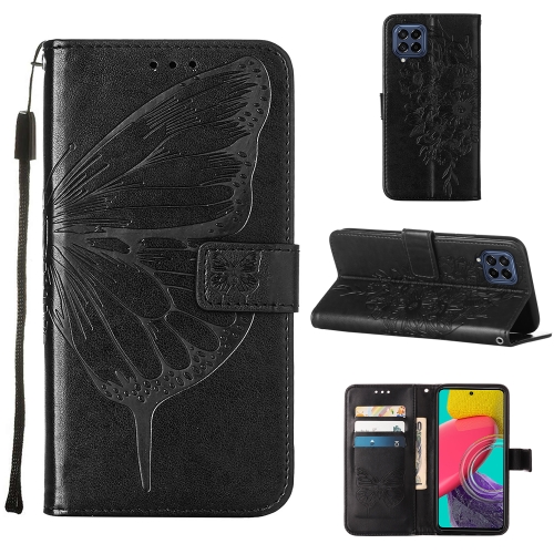 

For Samsung Galaxy M33 5G Embossed Butterfly Leather Phone Case(Black)