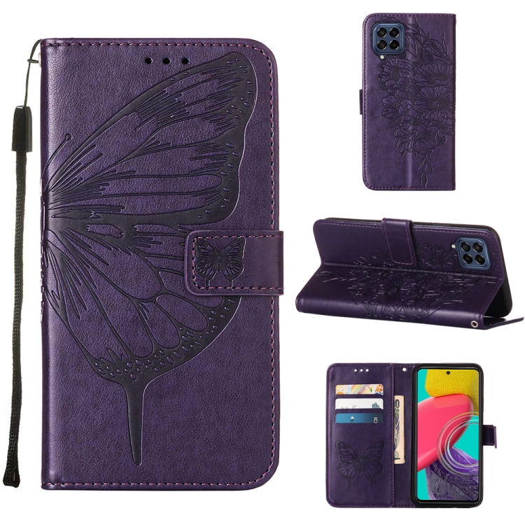 

For Samsung Galaxy M53 5G Embossed Butterfly Leather Phone Case(Dark Purple)