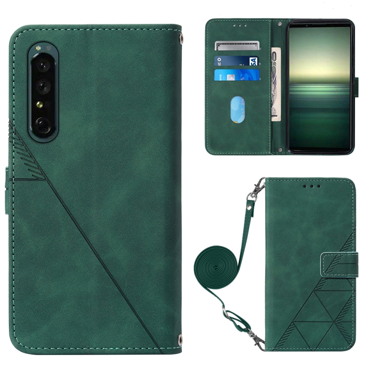 

For Sony Xperia 1 IV Crossbody 3D Embossed Flip Leather Phone Case(Dark Green)