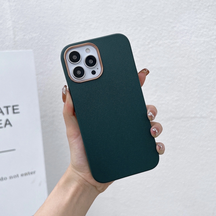 

For iPhone 13 Pro Electroplated Leather Texture Phone Case (Dark Green)