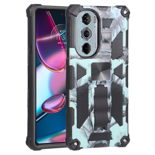 For Motorola Edge 30 Pro Camouflage Armor Shockproof TPU + PC Magnetic Protective Phone Case with Holder(Mint Green)
