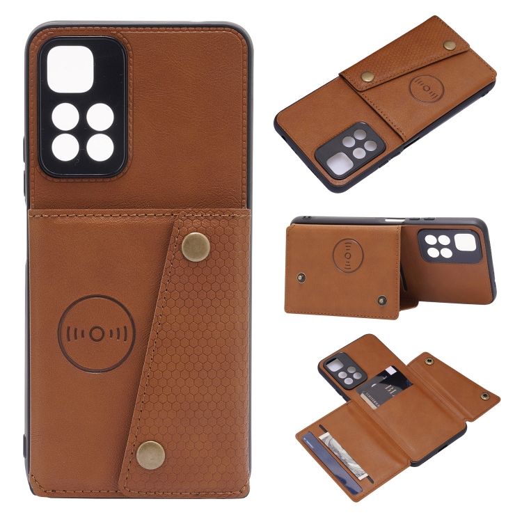 

For Xiaomi Redmi Note 11 5G Chinese Double Buckle PU + TPU Shockproof Magnetic Phone Case(Brown)