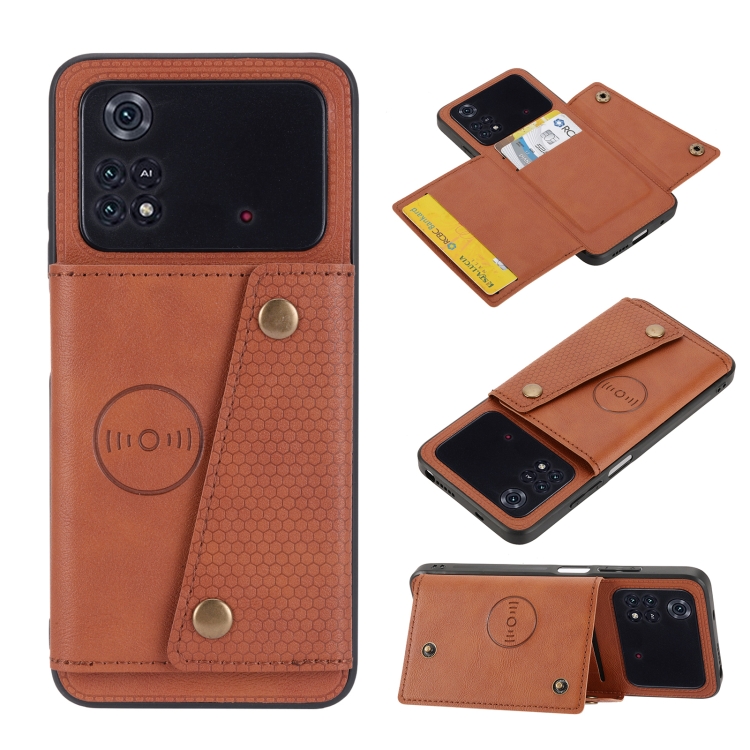 

For Xiaomi Poco M4 Pro 4G Double Buckle PU + TPU Shockproof Magnetic Phone Case(Brown)