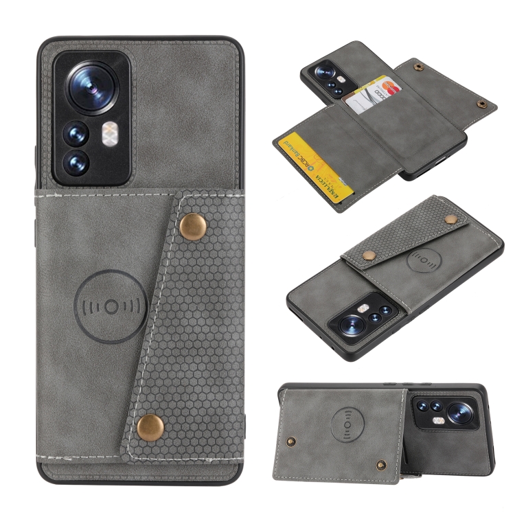 

For Xiaomi 12 Pro Double Buckle PU + TPU Shockproof Magnetic Phone Case(Grey)