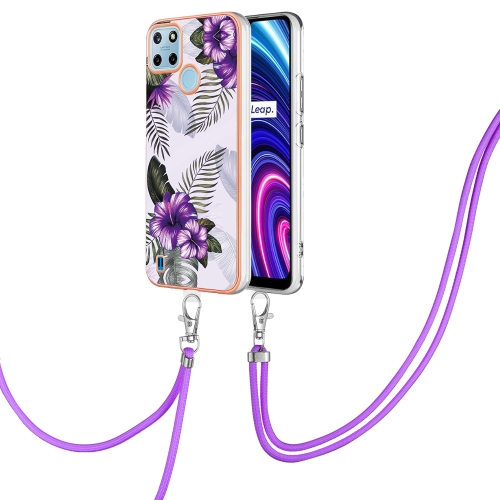 

For OPPO Realme C21Y / C25Y Electroplating IMD TPU Phone Case with Lanyard(Purple Flower)