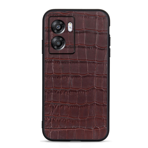 

For OPPO A57 5G Accurate Hole Crocodile Texture Genuine Leather Phone Case(Brown)