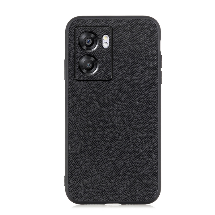 

For OPPO A57 5G Accurate Hole Cross Texture Genuine Leather Phone Case(Black)