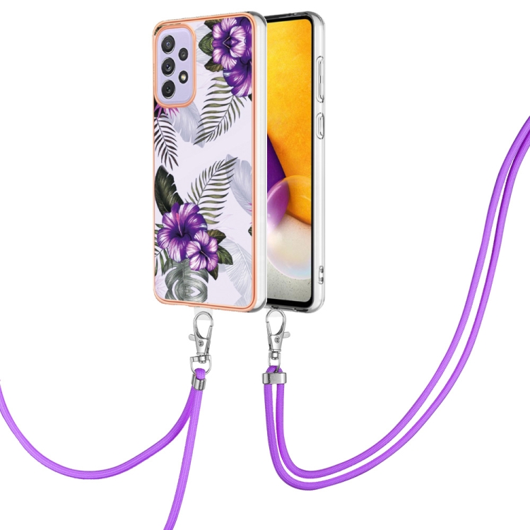 

For Samsung Galaxy A23 Electroplating IMD TPU Phone Case with Lanyard(Purple Flower)
