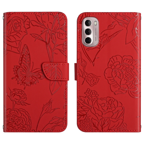 

For Motorola Moto G Stylus 4G 2022 Skin Feel Butterfly Peony Embossed Leather Phone Case(Red)