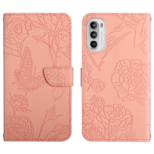 

For Motorola Moto G52 Skin Feel Butterfly Peony Embossed Leather Phone Case(Pink)