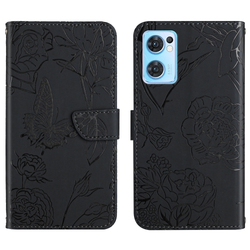 

For OPPO Find X5 Lite Skin Feel Butterfly Peony Embossed Leather Phone Case(Black)