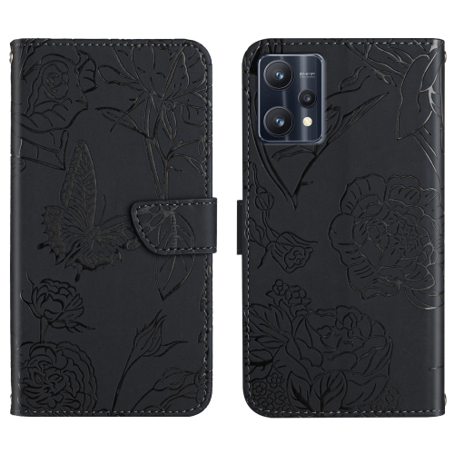 

For OPPO Realme 9 Pro+/Realme 9 4G Skin Feel Butterfly Peony Embossed Leather Phone Case(Black)