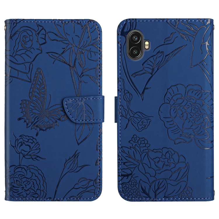 

For Samsung Galaxy Xcover Pro 2 Skin Feel Butterfly Peony Embossed Leather Phone Case(Blue)