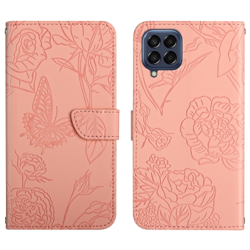 

For Samsung Galaxy M33 Skin Feel Butterfly Peony Embossed Leather Phone Case(Pink)