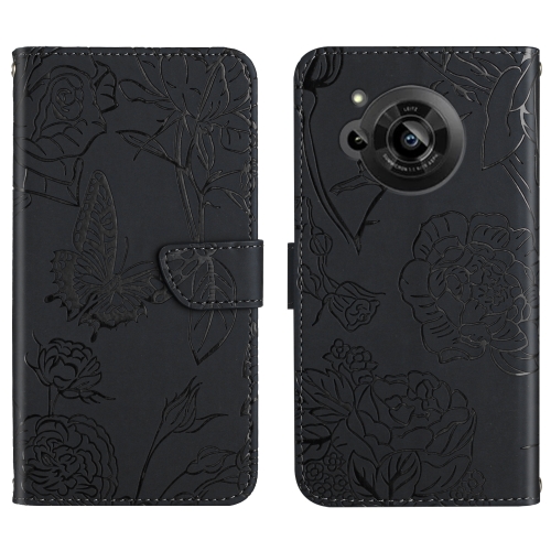 

For Sharp Aquos R7 Skin Feel Butterfly Peony Embossed Leather Phone Case(Black)