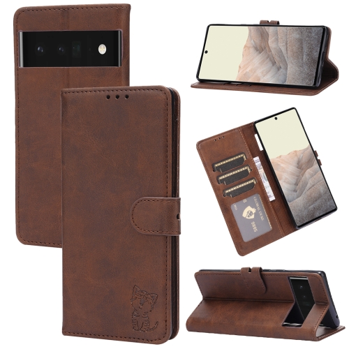 

For Google Pixel 7 5G Embossed Happy Cat Pattern Leather Phone Case(Brown)