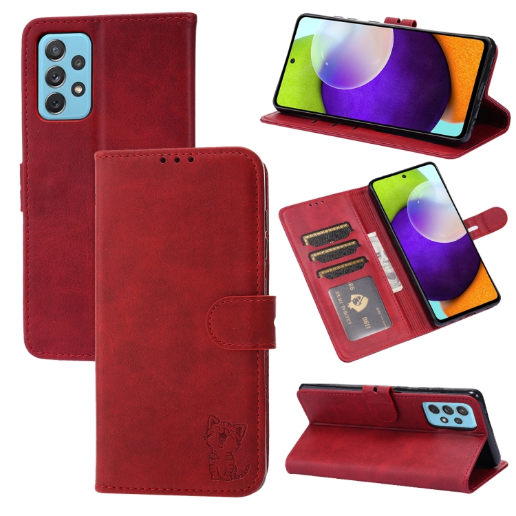 

For Samsung Galaxy A23 4G Embossed Happy Cat Pattern Leather Phone Case(Red)
