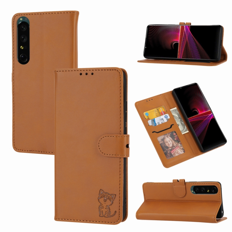 

For Sony Xperia 1 IV Embossed Happy Cat Pattern Leather Phone Case(Yellow)