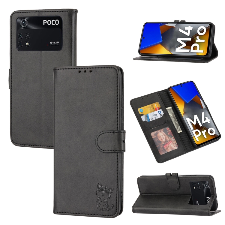 

For Xiaomi Poco M4 Pro Embossed Happy Cat Pattern Leather Phone Case(Black)