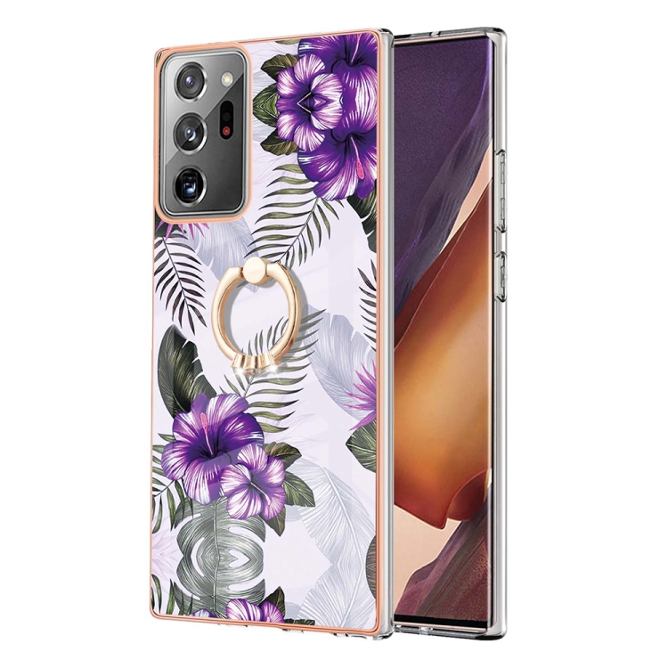 

For Samsung Galaxy Note20 Ultra Electroplating IMD TPU Phone Case with Ring(Purple Flower)